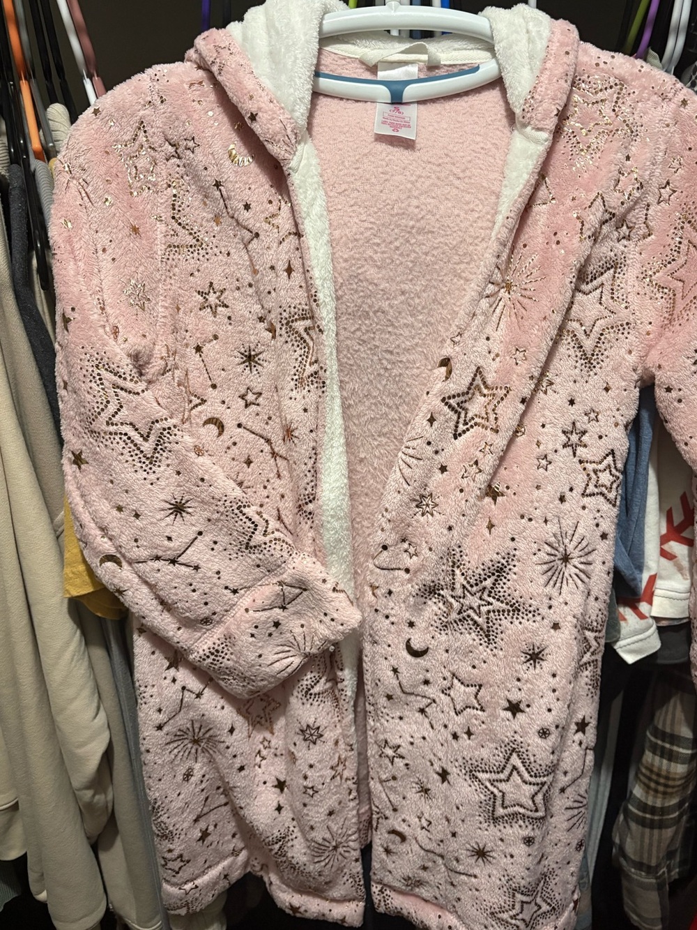 Justice Cozy Pink Star & Moon Hooded Plush Robe Sz 7/8